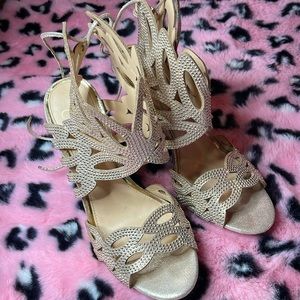 Gold Lace Back Heeled Sandals
